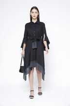 Handkerchief Hem Sash-Tie Belt Linen Black Shirtdress