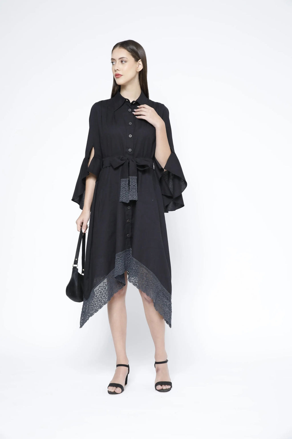 Handkerchief Hem Sash-Tie Belt Linen Black Shirtdress