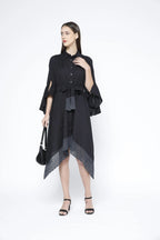 Handkerchief Hem Sash-Tie Belt Linen Black Shirtdress