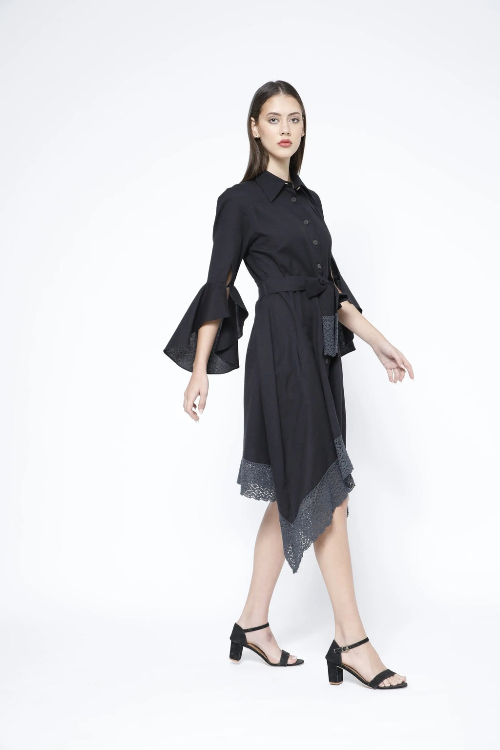 Handkerchief Hem Sash-Tie Belt Linen Black Shirtdress