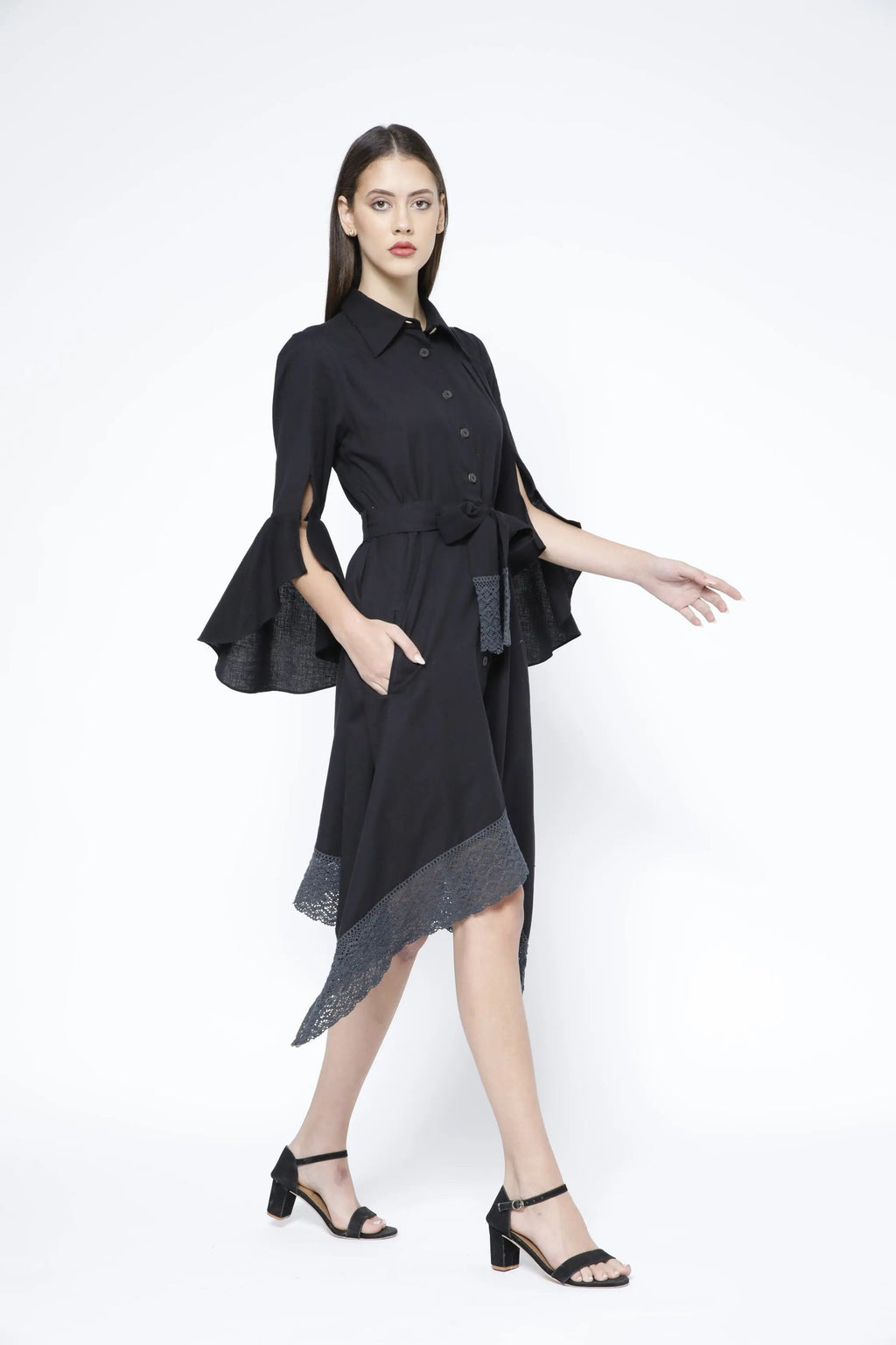 Handkerchief Hem Sash-Tie Belt Linen Black Shirtdress