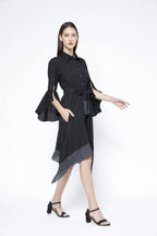 Handkerchief Hem Sash-Tie Belt Linen Black Shirtdress