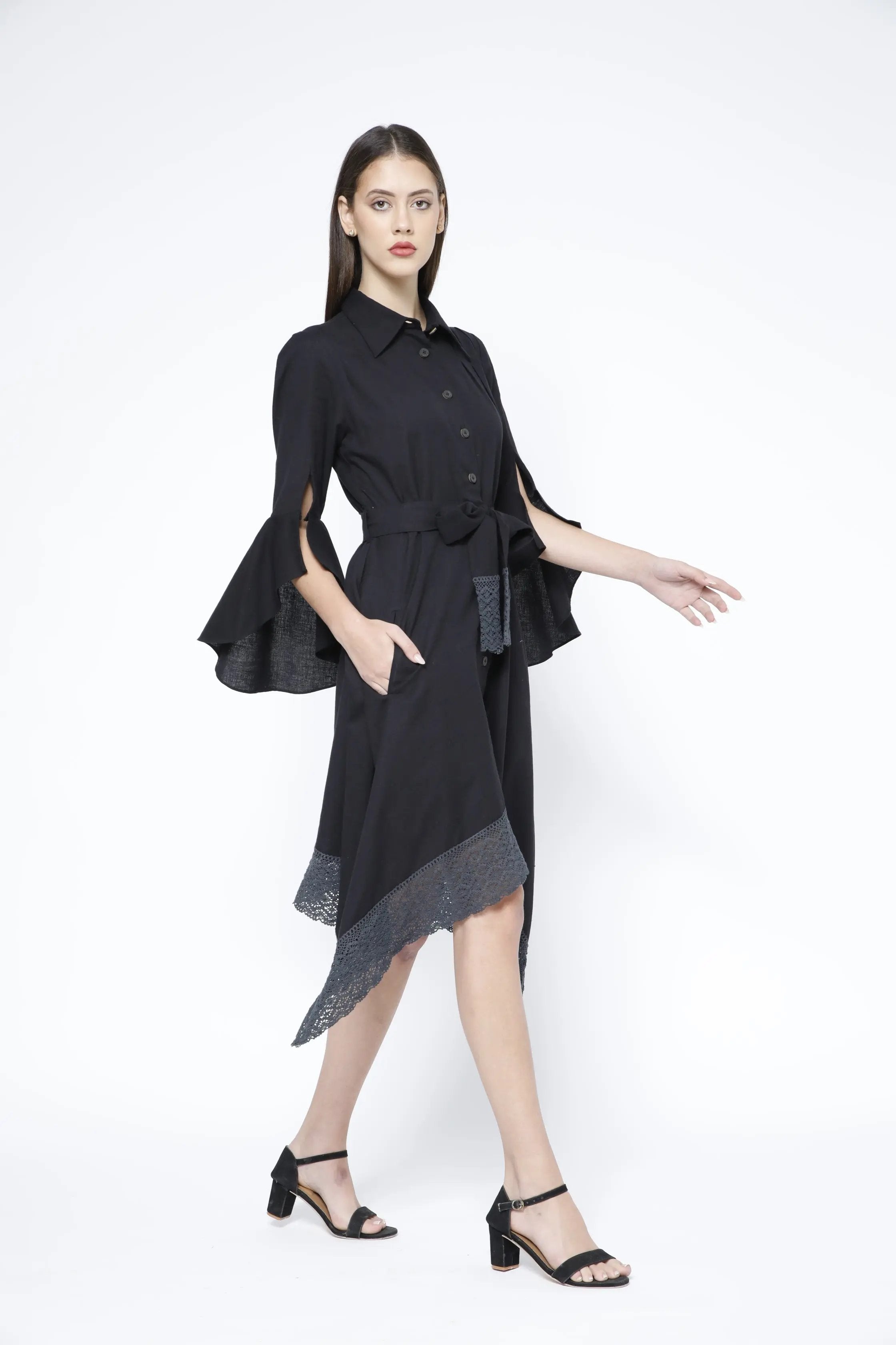 Handkerchief Hem Sash-Tie Belt Linen Black Shirtdress