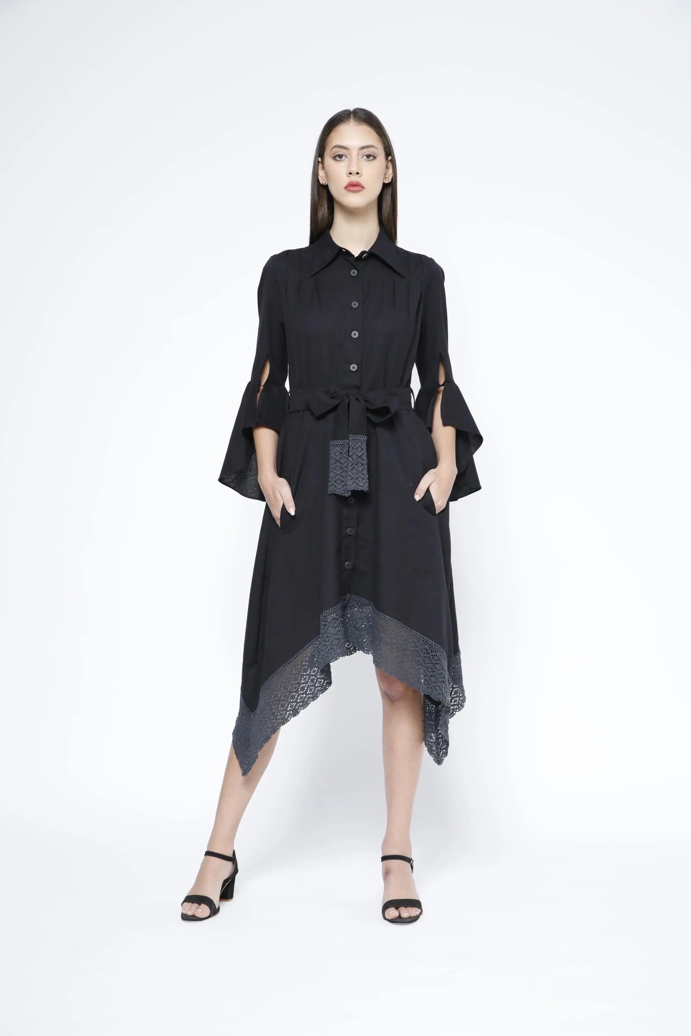 Handkerchief Hem Sash-Tie Belt Linen Black Shirtdress