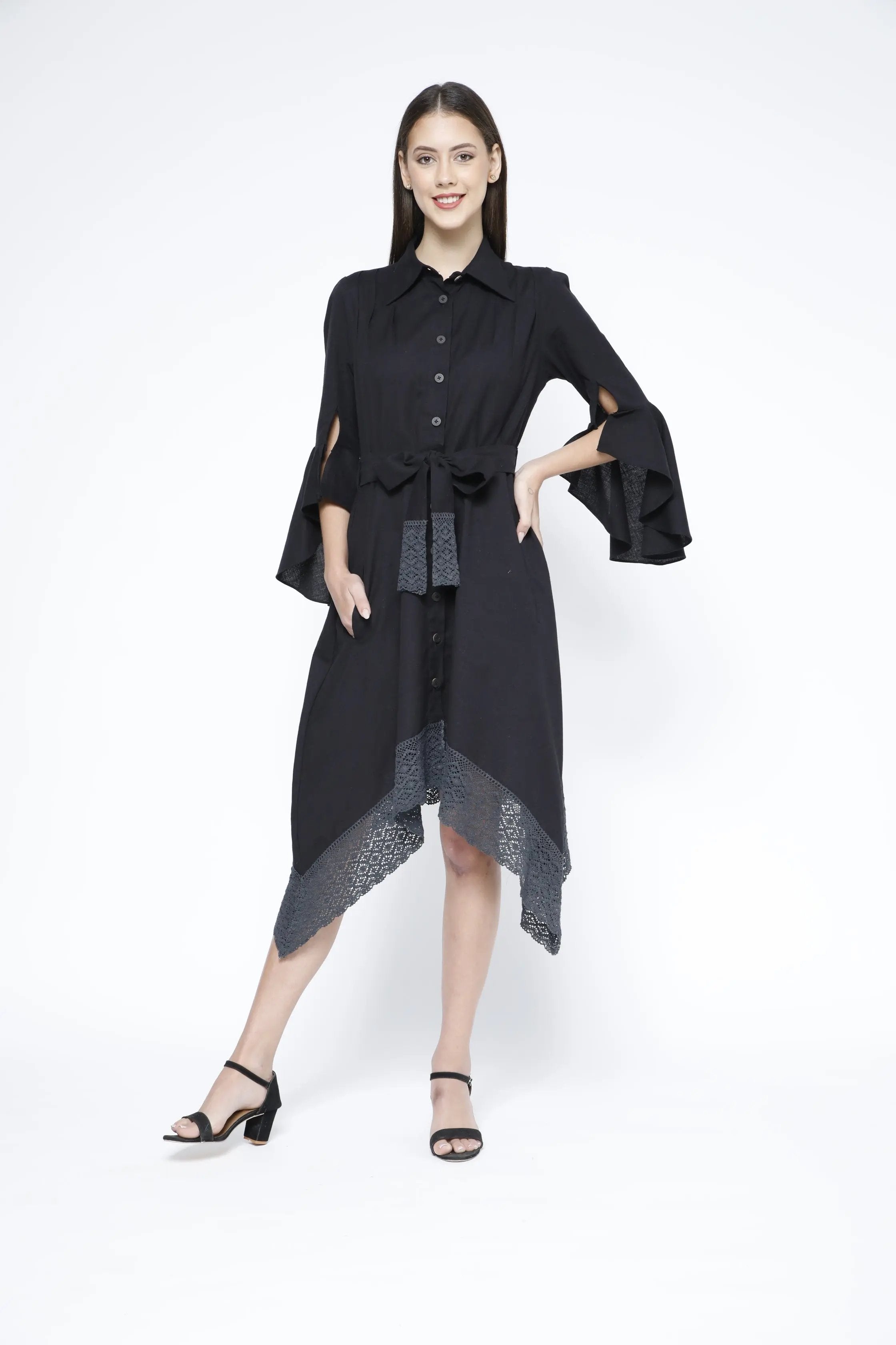 Handkerchief Hem Sash-Tie Belt Linen Black Shirtdress