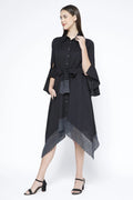 Handkerchief Hem Sash-Tie Belt Linen Black Shirtdress