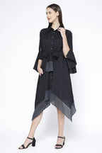 Handkerchief Hem Sash-Tie Belt Linen Black Shirtdress