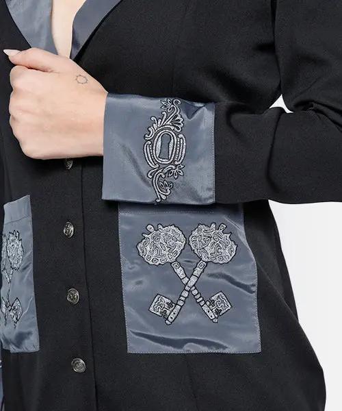 Vintage Lock and Key Embroidered Black Shirtdress