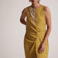 Stylera yellow draped midi dress with sleeveless design and intricate front detailing