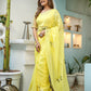 Elegant yellow floral organza saree with delicate embroidery, perfect for festive occasions