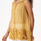 Stylera yellow organza sleeveless shirt with floral ruffle hem and button front design
