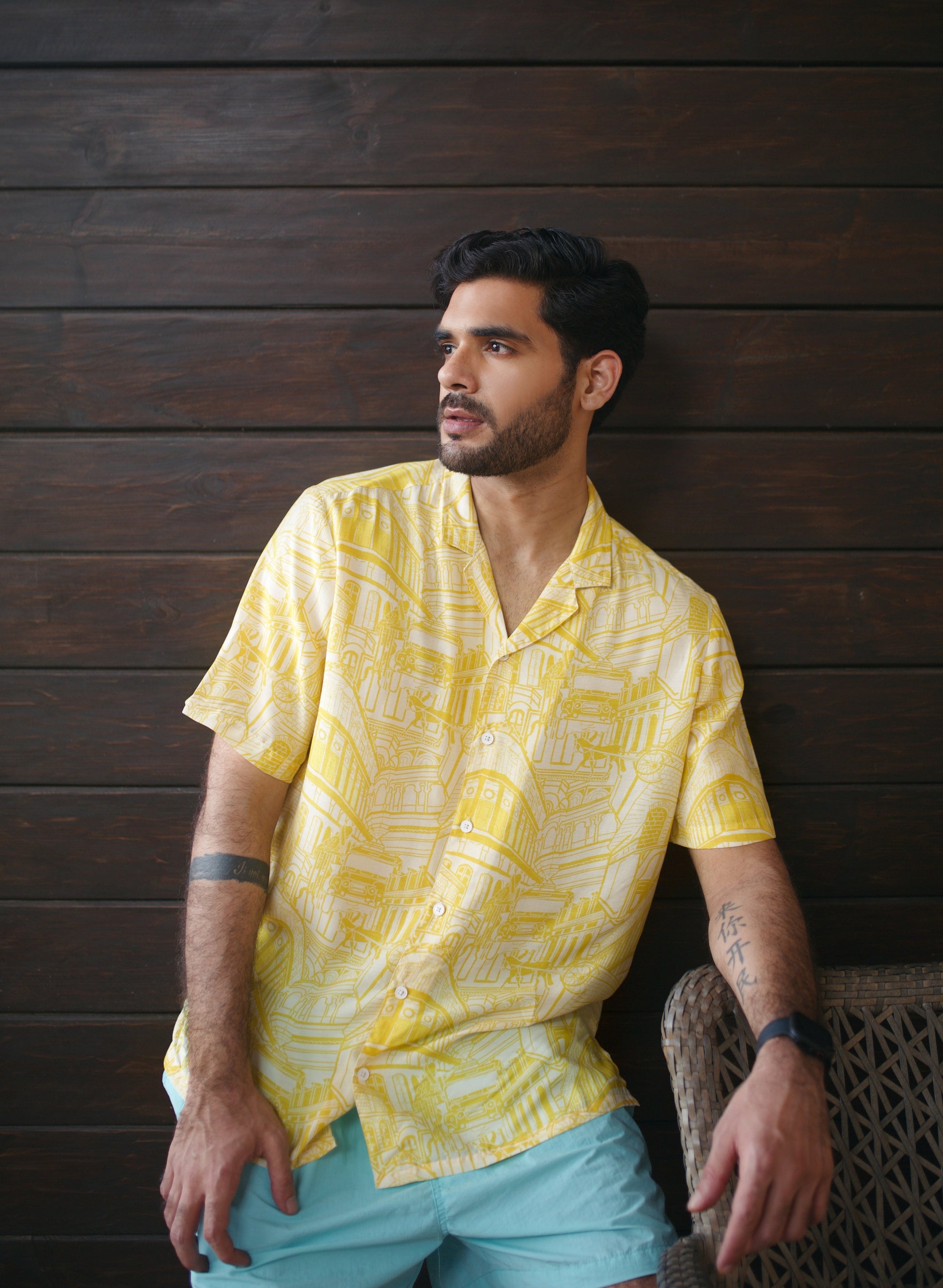 Stylish yellow oversize shirt for men with a unique pattern, perfect for casual summer outings