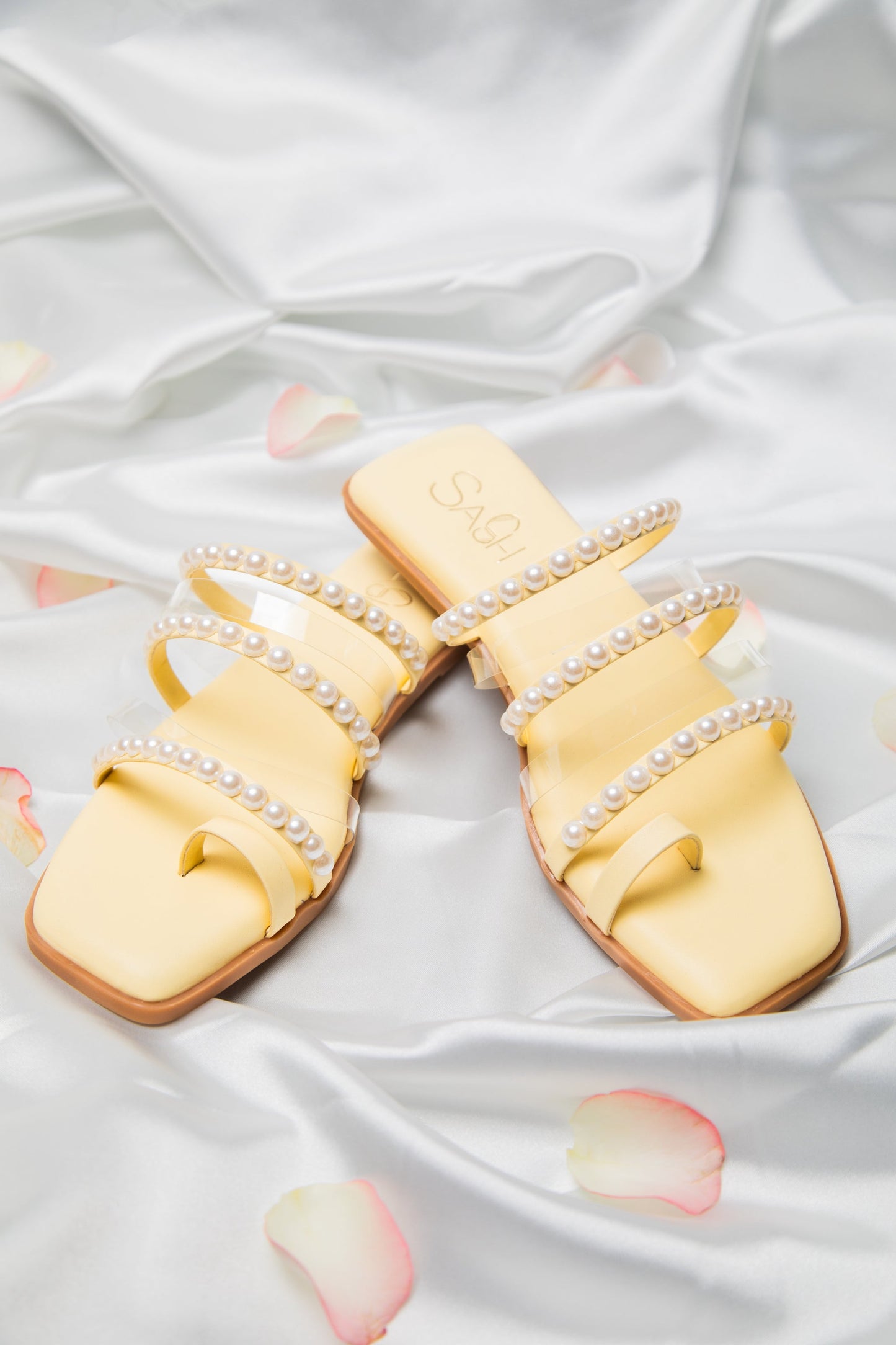 yellow pearl sandals for women with square toe and multiple pearl-embellished straps by Stylera