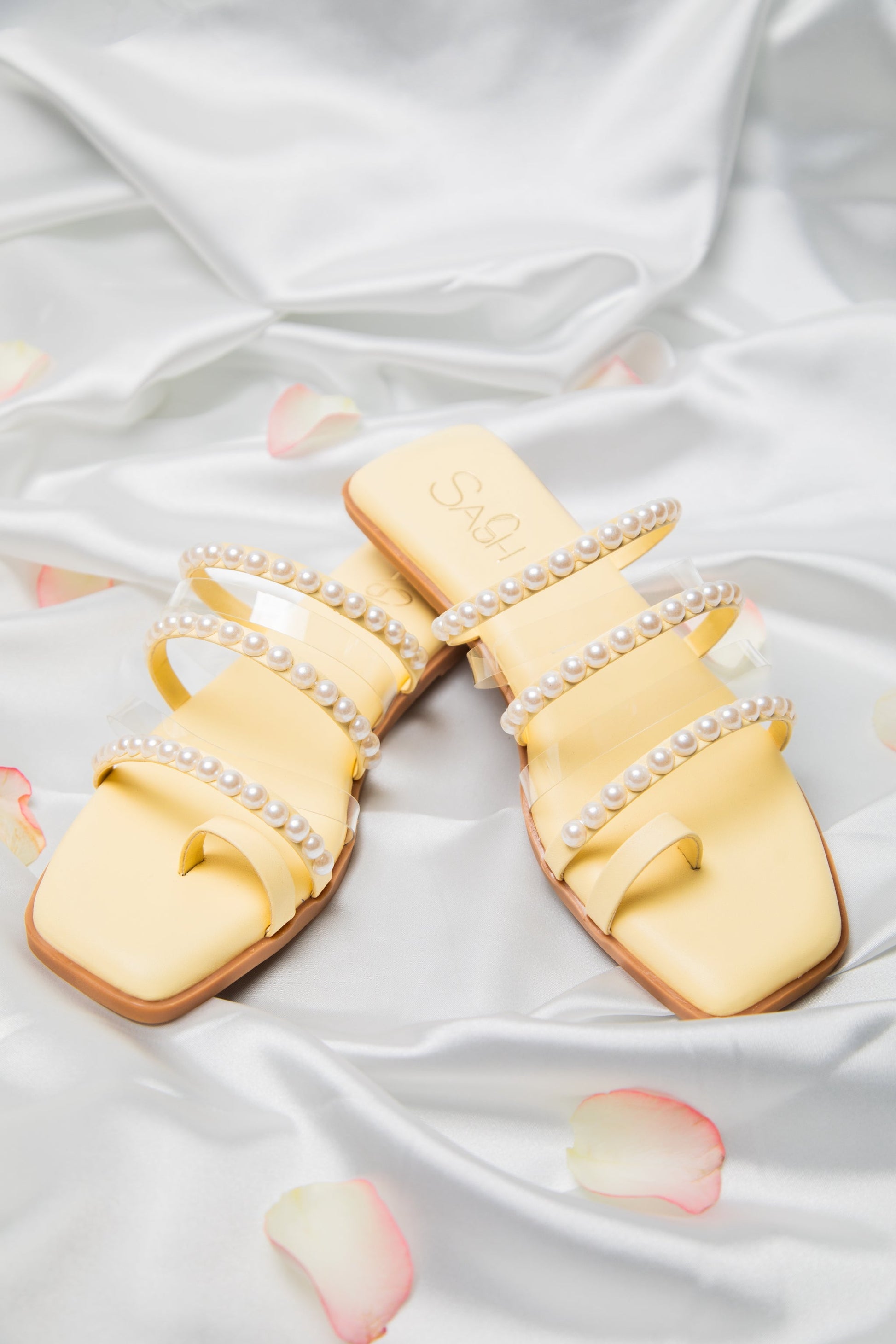 yellow pearl sandals for women with square toe and multiple pearl-embellished straps by Stylera