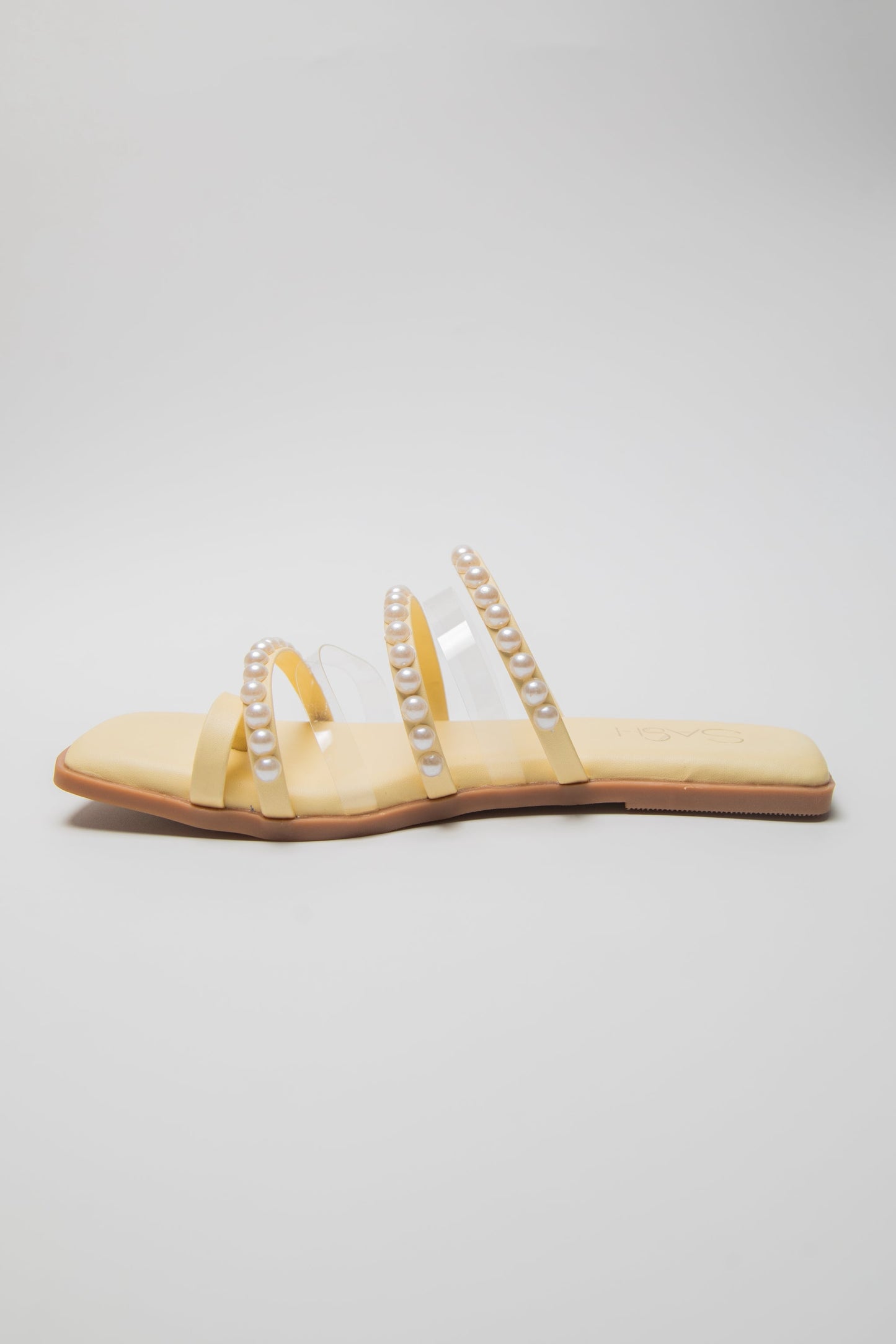 Stylera yellow pearl sandals for women with flat sole and three pearl-embellished straps