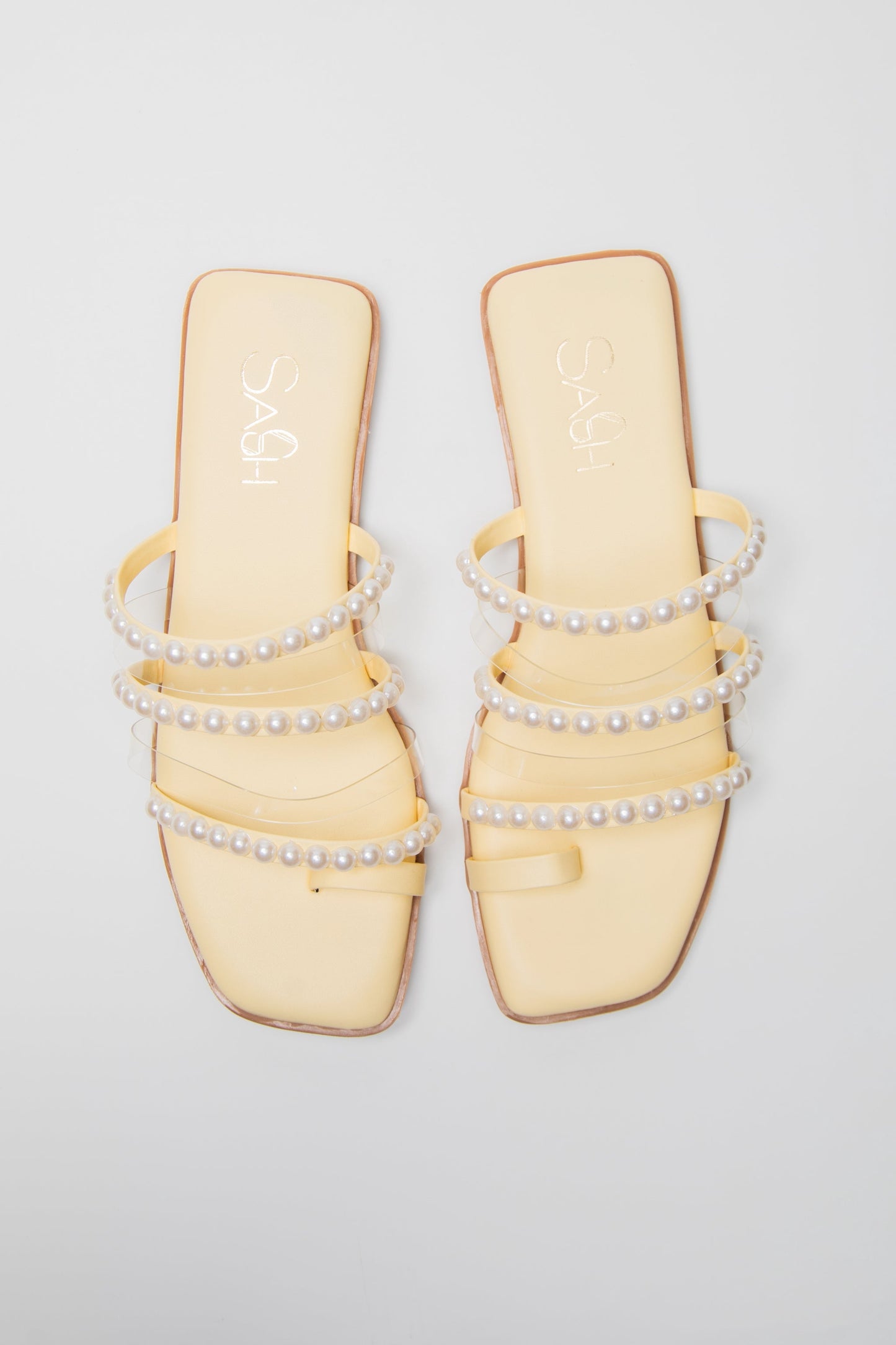 Stylera yellow pearl sandals for women with square toe and multiple pearl-embellished straps