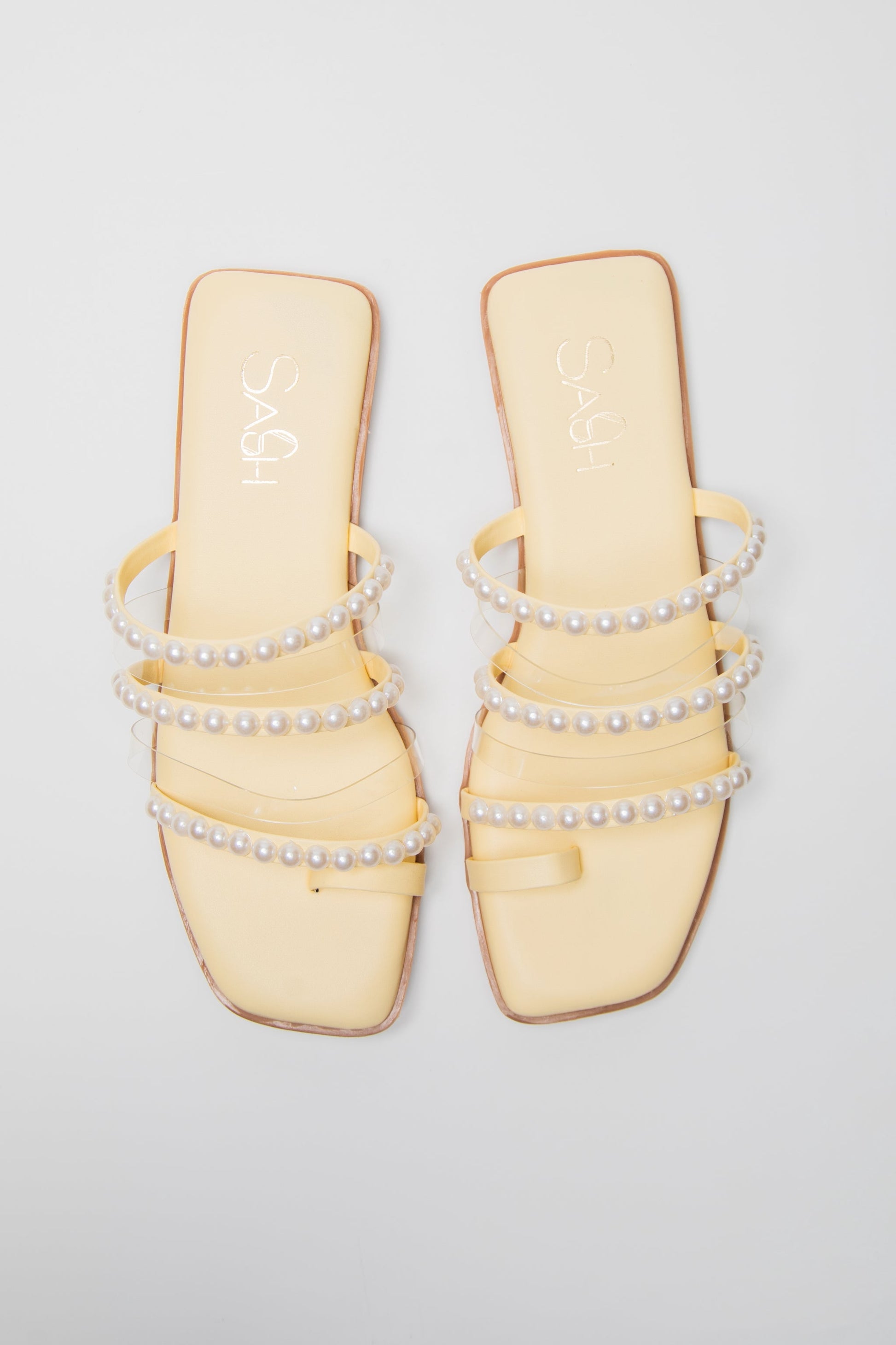 Stylera yellow pearl sandals for women with square toe and multiple pearl-embellished straps