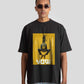 Black oversized graphic t-shirt by Stylera Lifestyle featuring a yellow square with a seated figure print