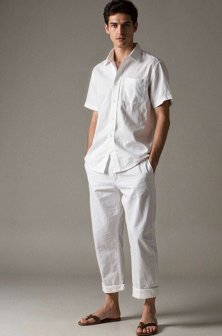 Men’s White Linen Co-ords set Breathable & Stylish Two-Piece Outfit - Adam Spirit